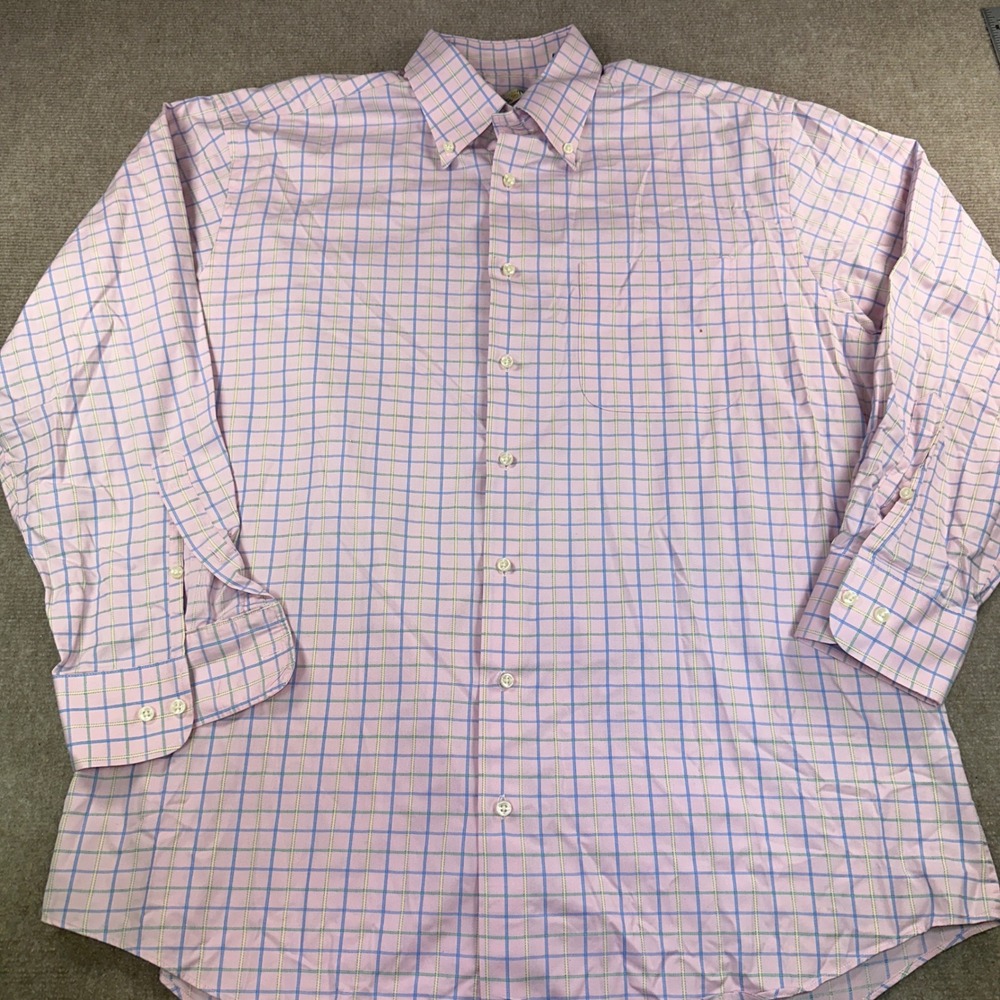 Peter Millar Mens Large Pink Blue Tattersall Plaid Cotton Button Down Shirt